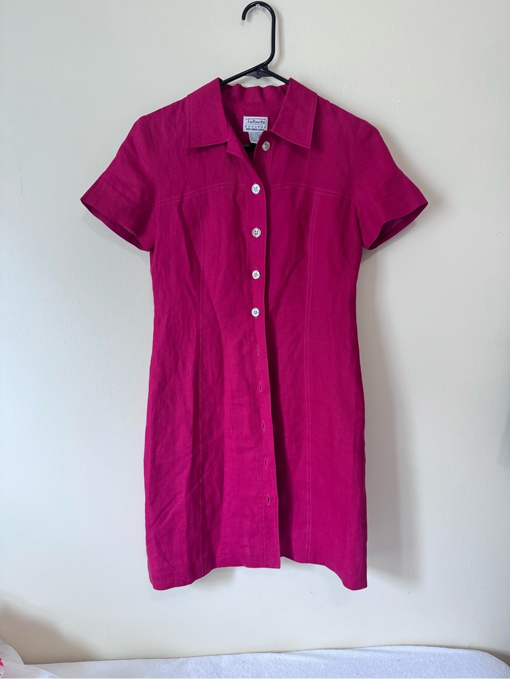 90s Talbots Hot Pink Irish Linen Short Sleeve Collared Dress | 2 - Women’s